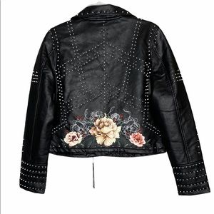 NWT BLANKNY Black Heartbreaker Leather Stud Floral Moto Jacket